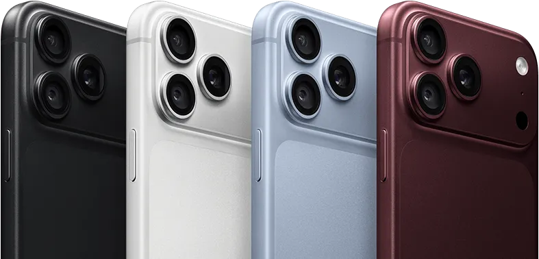 iPhone 18 Pro devices in a row, back exterior, all four colors: Black, Glacier, Silver, Burgundy, Pro Fusion camera system in top left corner, 3 lenses, microphone, flash