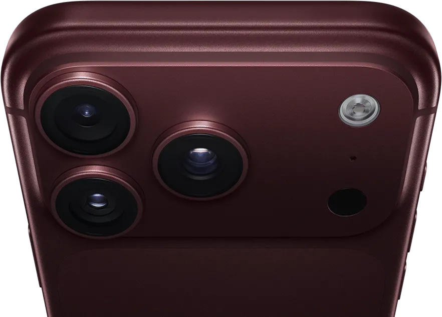 iPhone 18 Pro Max, burgundy color (dark red), back exterior, Pro Fusion camera system at top, 3 lenses, variable aperture blades partially closed, flash, microphone and LiDAR Scanner, top exterior, cellular antenna, flat sides, rounded edges