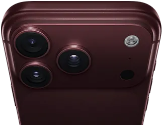 iPhone 18 Pro Max, burgundy color (dark red), back exterior, Pro Fusion camera system at top, 3 lenses, variable aperture blades partially closed, flash, microphone and LiDAR Scanner, top exterior, cellular antenna, flat sides, rounded edges