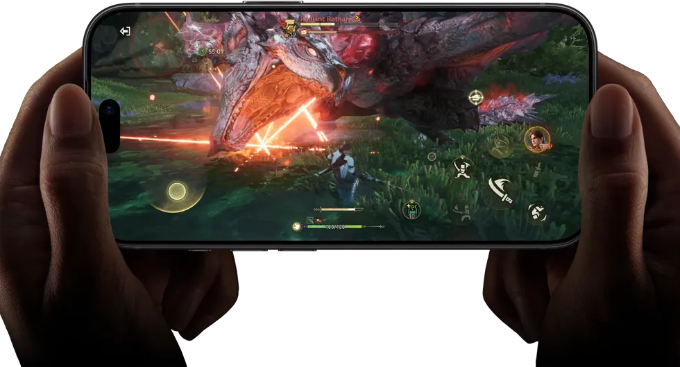 iPhone 18 Pro, front exterior, demonstrating the performance capabilities of the A20 Pro chip with a scene from the Monster Hunter Outlanders