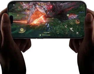 iPhone 18 Pro, front exterior, demonstrating the performance capabilities of the A20 Pro chip with a scene from the Monster Hunter Outlanders