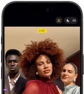 iPhone 18 Pro, black, front exterior, displaying two models posing for the camera, demonstrating the Center Stage front camera