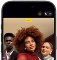 iPhone 18 Pro, black, front exterior, displaying two models posing for the camera, demonstrating the Center Stage front camera