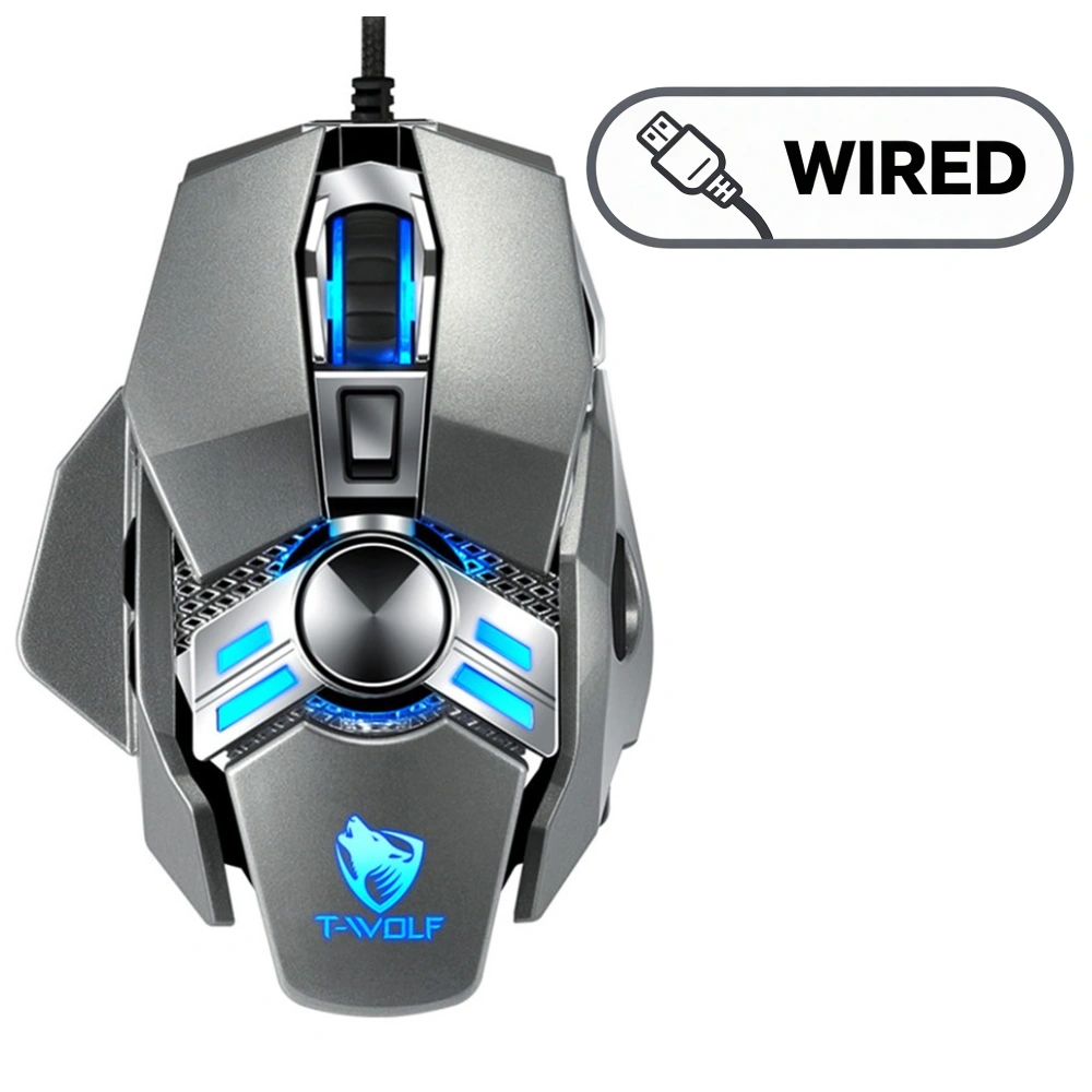 T-WOLF V10 Gaming Mouse - 7 Buttons - Wired - Silver