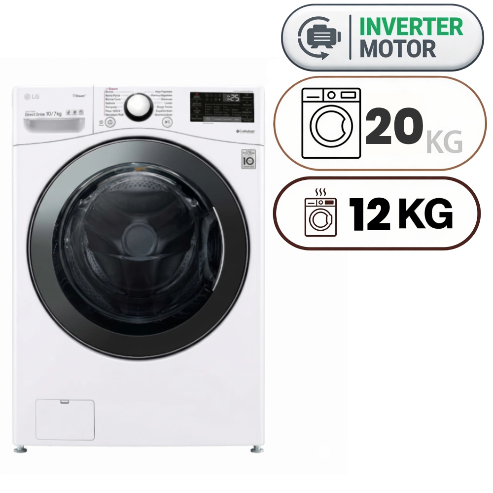 LG WDV2012WRV Front Load Washing Machine and Dryer - 20 kg - 12 kg - Inverter - Clean White